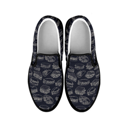 Navy Doodle Sandwich Pattern Print Black Slip On Shoes