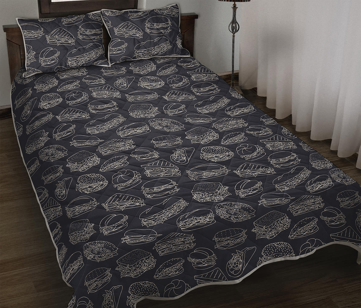 Navy Doodle Sandwich Pattern Print Quilt Bed Set