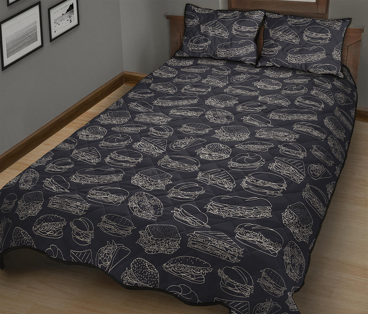 Navy Doodle Sandwich Pattern Print Quilt Bed Set
