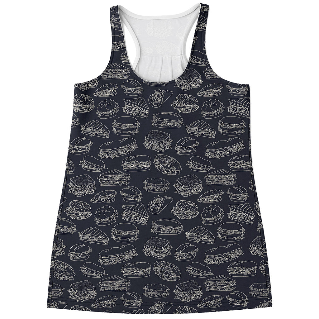 Navy Doodle Sandwich Pattern Print Women's Racerback Tank Top