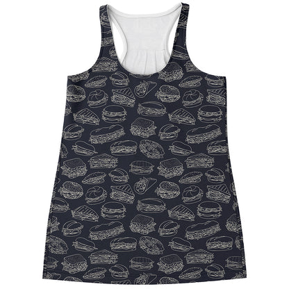 Navy Doodle Sandwich Pattern Print Women's Racerback Tank Top
