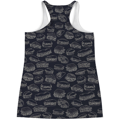 Navy Doodle Sandwich Pattern Print Women's Racerback Tank Top