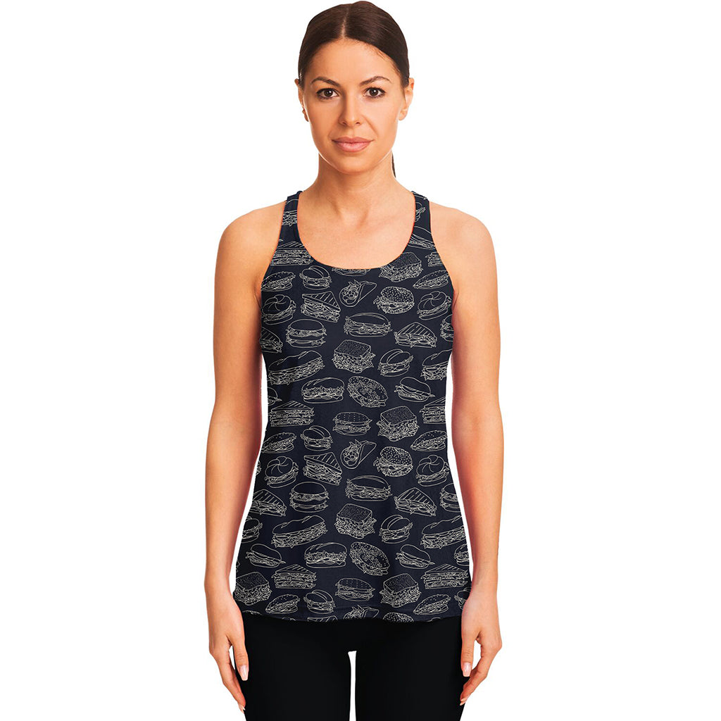 Navy Doodle Sandwich Pattern Print Women's Racerback Tank Top
