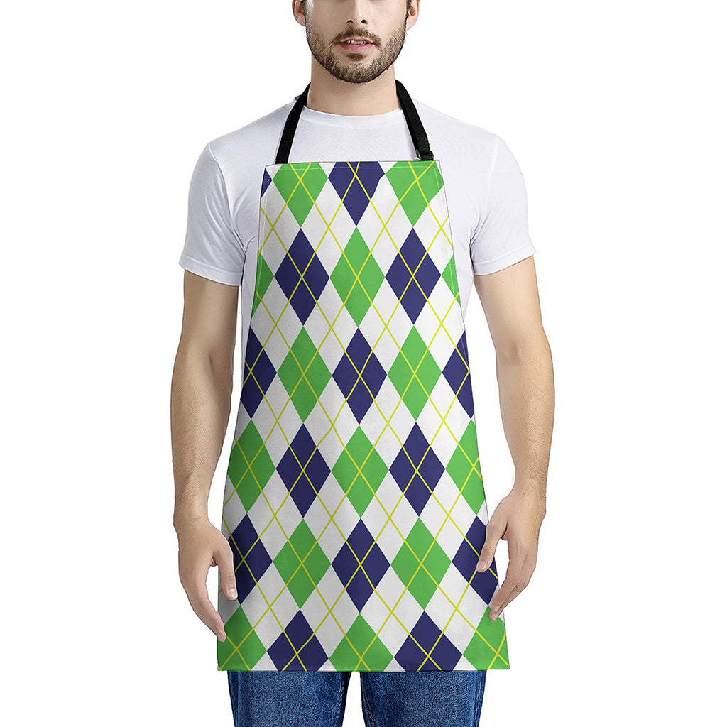 Navy Green And White Argyle Print Apron