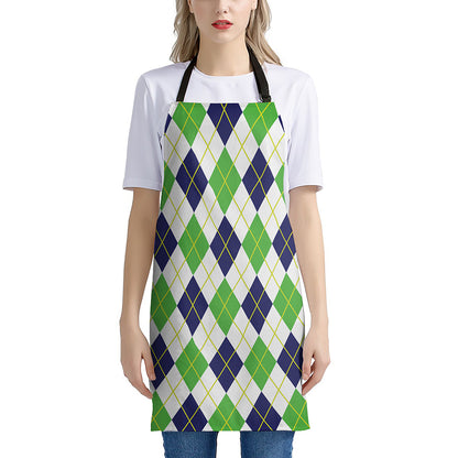 Navy Green And White Argyle Print Apron