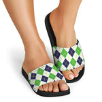 Navy Green And White Argyle Print Black Slide Sandals