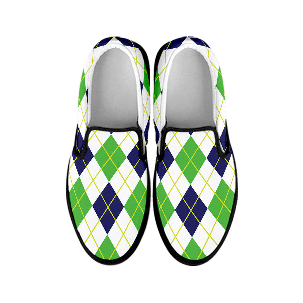 Navy Green And White Argyle Print Black Slip On Shoes