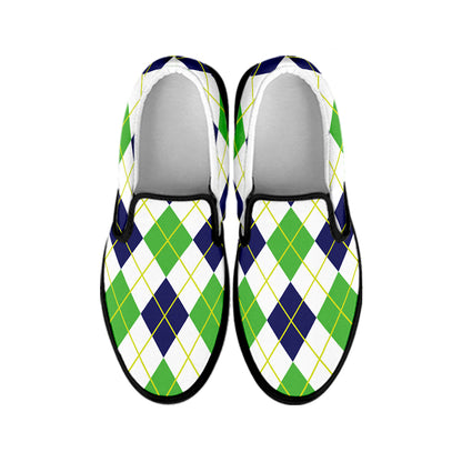 Navy Green And White Argyle Print Black Slip On Shoes