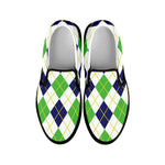Navy Green And White Argyle Print Black Slip On Shoes