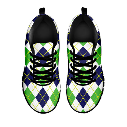 Navy Green And White Argyle Print Black Sneakers
