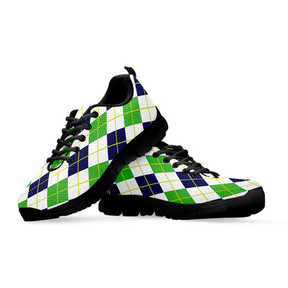 Navy Green And White Argyle Print Black Sneakers