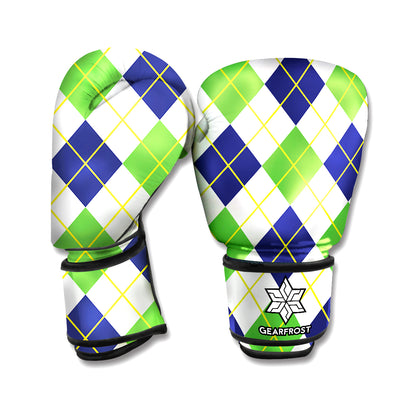 Navy Green And White Argyle Print Boxing Gloves