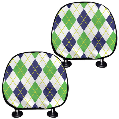 Navy Green And White Argyle Print Car Headrest Covers
