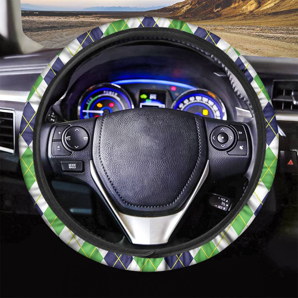 Navy Green And White Argyle Print Car Steering Wheel Cover