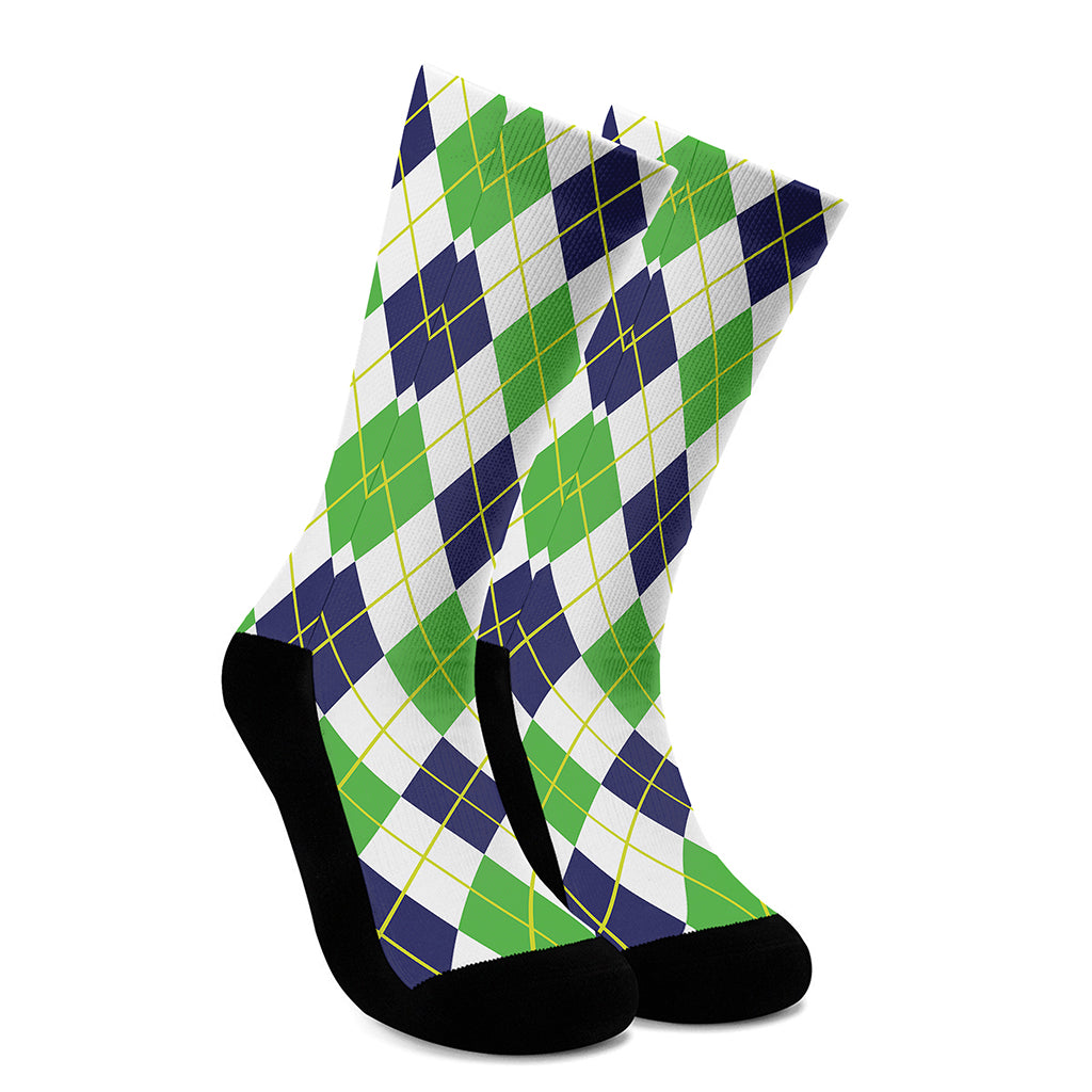 Navy Green And White Argyle Print Crew Socks