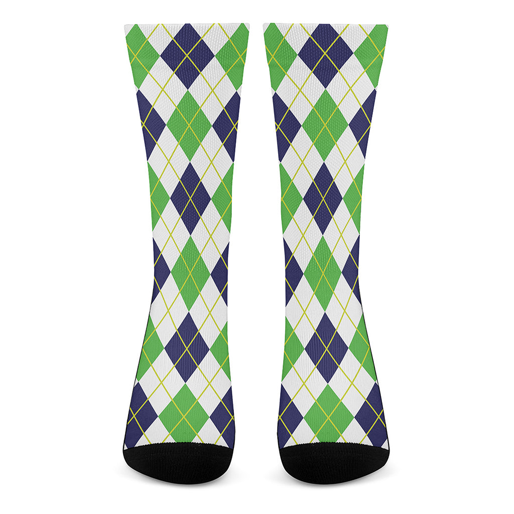 Navy Green And White Argyle Print Crew Socks
