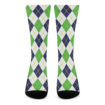 Navy Green And White Argyle Print Crew Socks