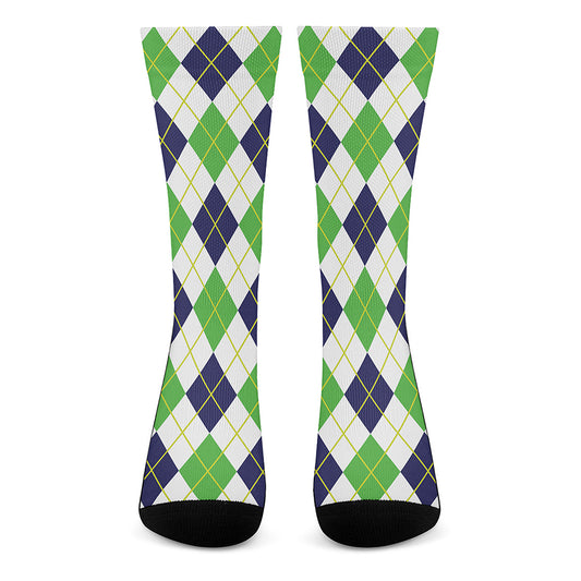 Navy Green And White Argyle Print Crew Socks