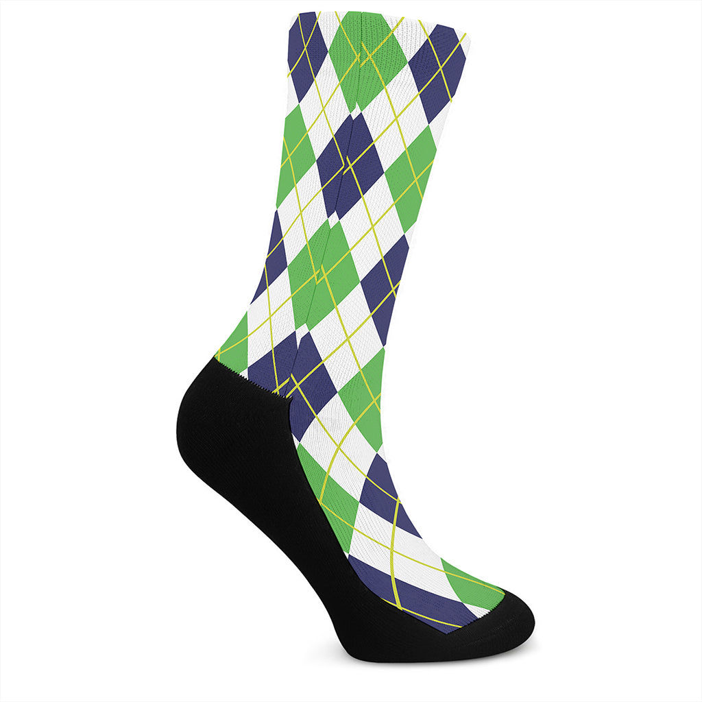 Navy Green And White Argyle Print Crew Socks