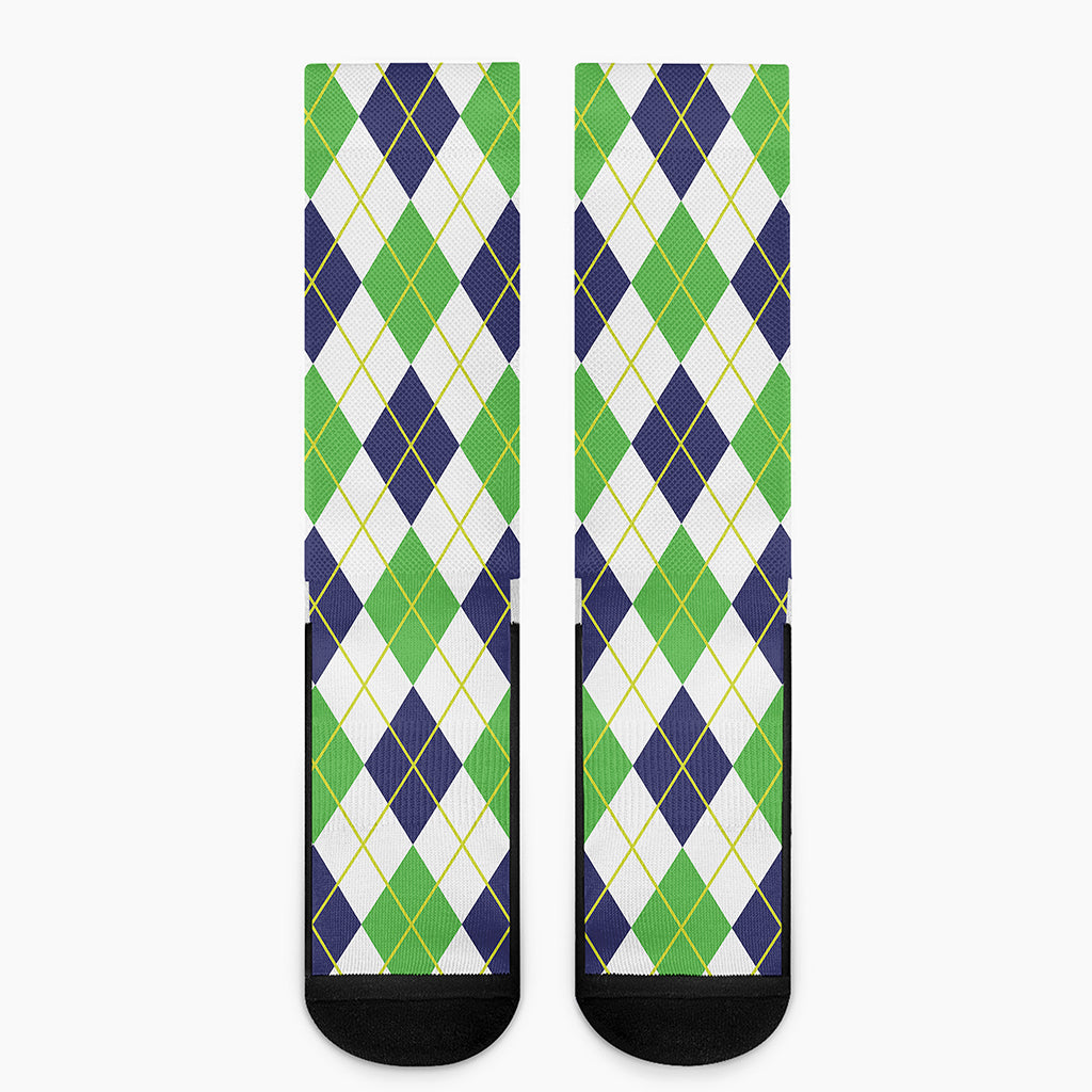 Navy Green And White Argyle Print Crew Socks