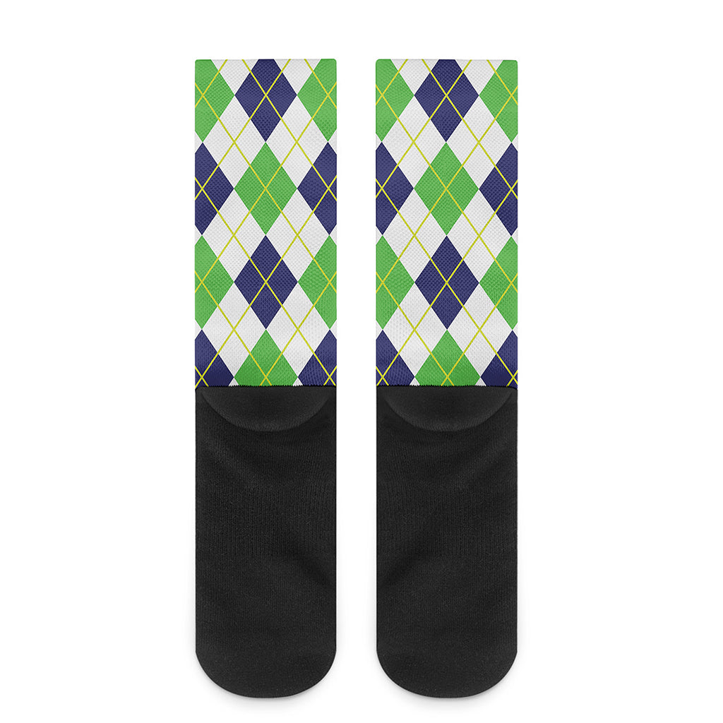 Navy Green And White Argyle Print Crew Socks
