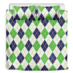 Navy Green And White Argyle Print Duvet Cover Bedding Set
