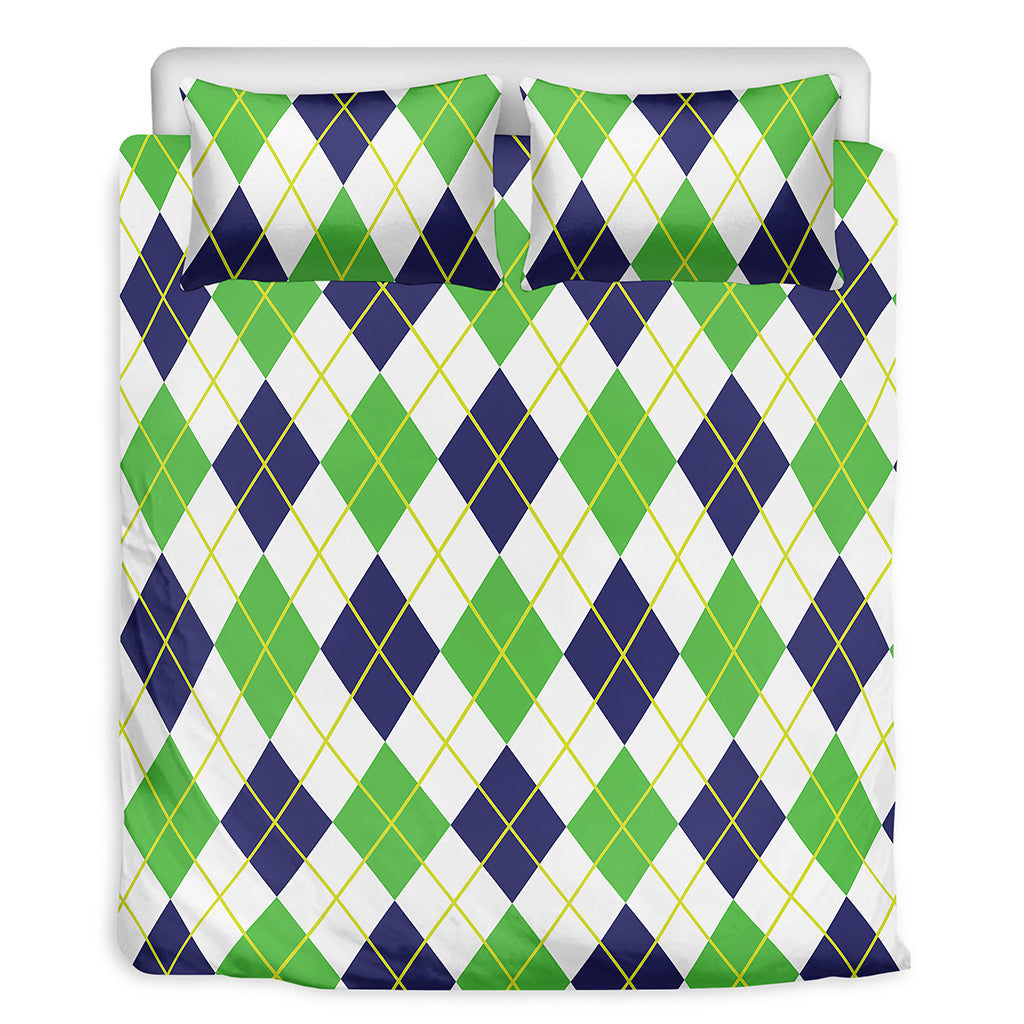 Navy Green And White Argyle Print Duvet Cover Bedding Set