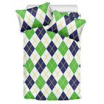 Navy Green And White Argyle Print Duvet Cover Bedding Set
