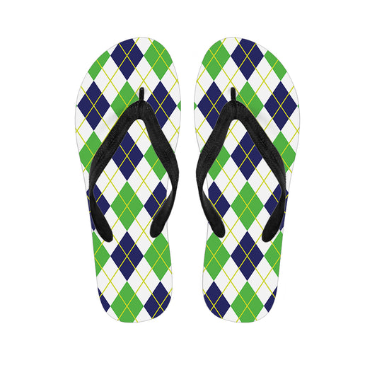 Navy Green And White Argyle Print Flip Flops