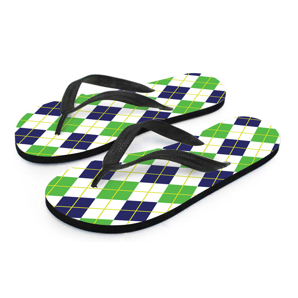 Navy Green And White Argyle Print Flip Flops