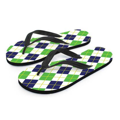 Navy Green And White Argyle Print Flip Flops