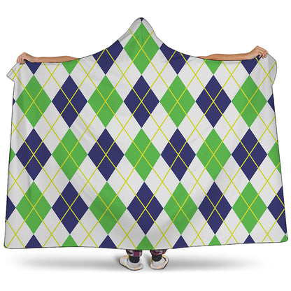 Navy Green And White Argyle Print Hooded Blanket