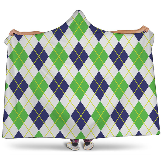 Navy Green And White Argyle Print Hooded Blanket