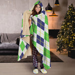 Navy Green And White Argyle Print Hooded Blanket