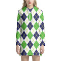 Navy Green And White Argyle Print Pullover Hoodie Dress