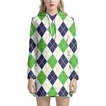 Navy Green And White Argyle Print Hoodie Dress