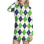 Navy Green And White Argyle Print Hoodie Dress