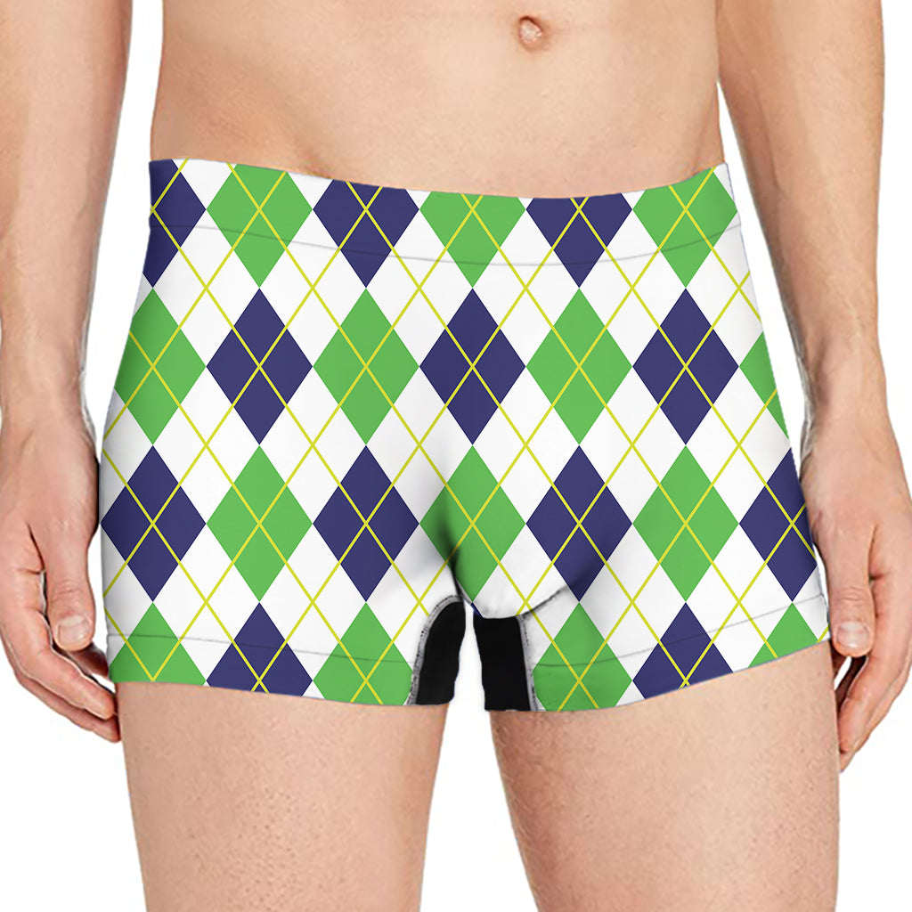 Navy Green And White Argyle Print Men's Boxer Briefs
