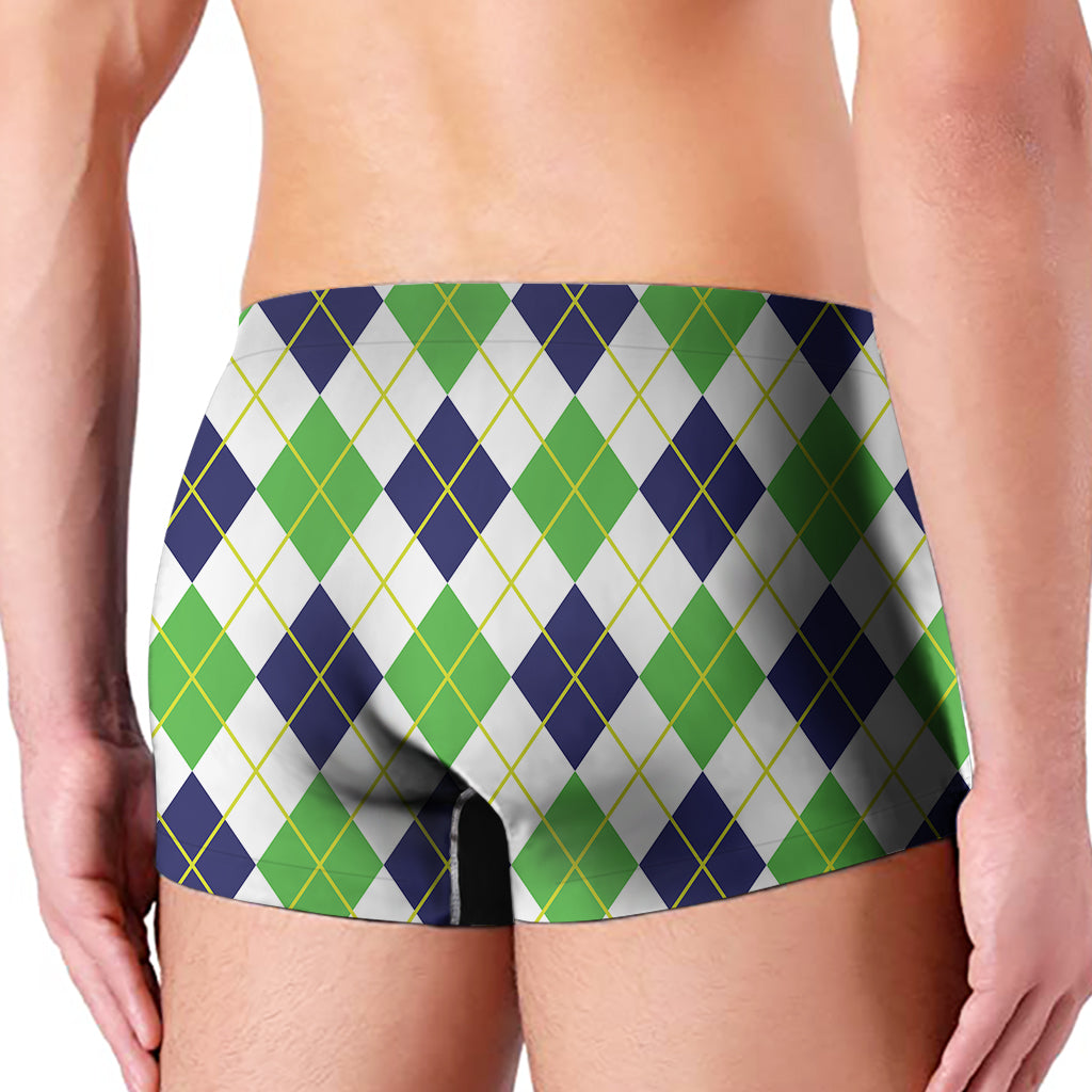 Navy Green And White Argyle Print Men's Boxer Briefs