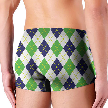 Navy Green And White Argyle Print Men's Boxer Briefs