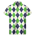 Navy Green And White Argyle Print Men's Short Sleeve Shirt