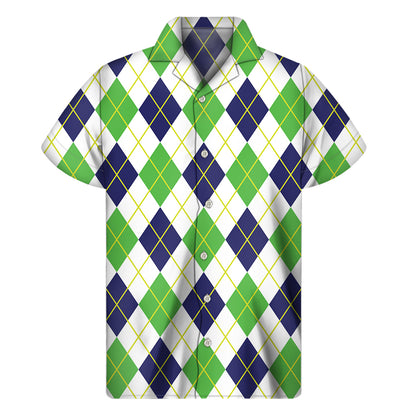 Navy Green And White Argyle Print Men's Short Sleeve Shirt