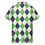 Navy Green And White Argyle Print Men's Short Sleeve Shirt