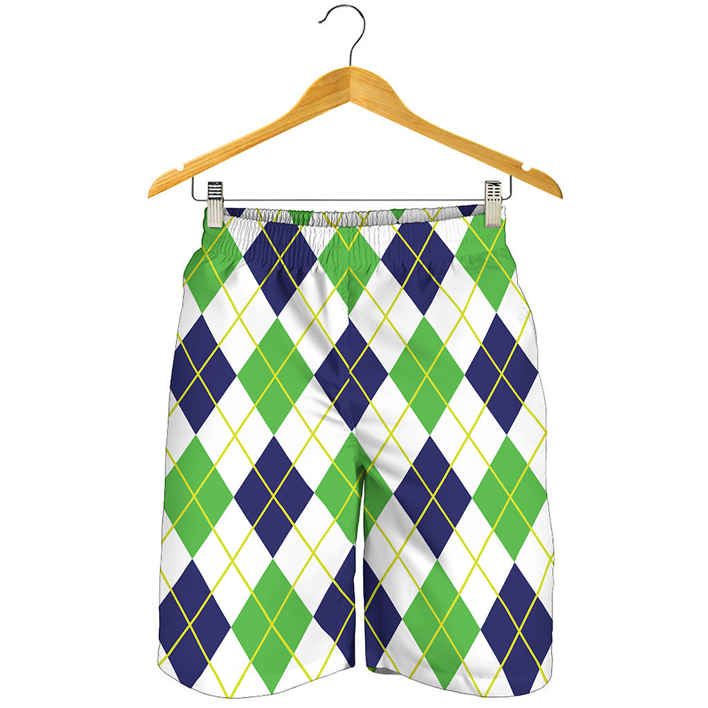 Navy Green And White Argyle Print Men's Shorts
