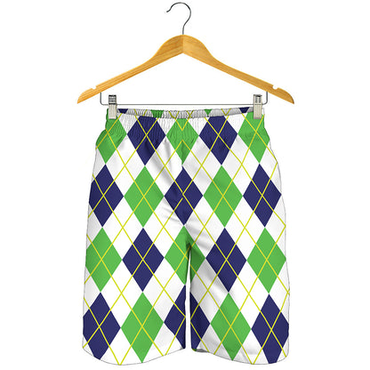 Navy Green And White Argyle Print Men's Shorts