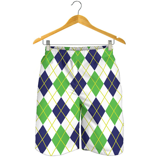 Navy Green And White Argyle Print Men's Shorts