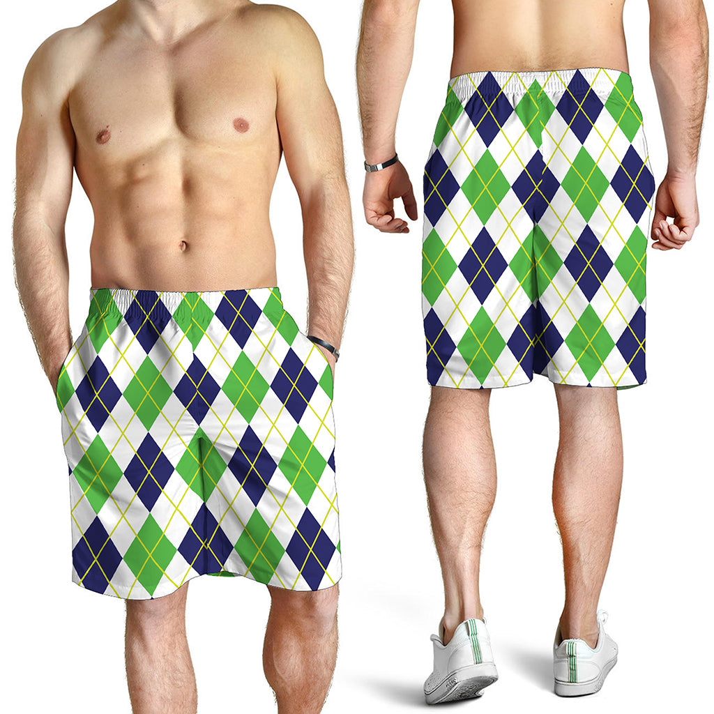 Navy Green And White Argyle Print Men's Shorts