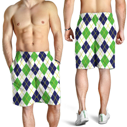 Navy Green And White Argyle Print Men's Shorts