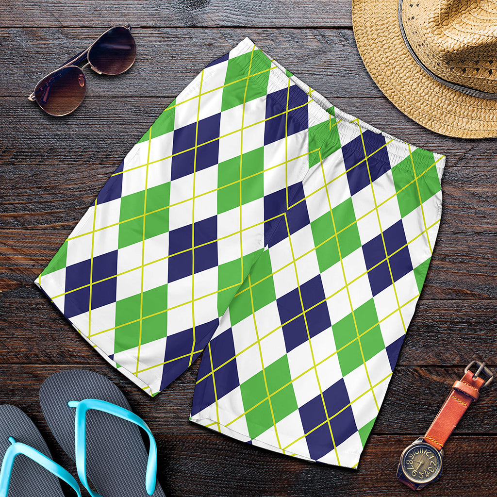 Navy Green And White Argyle Print Men's Shorts