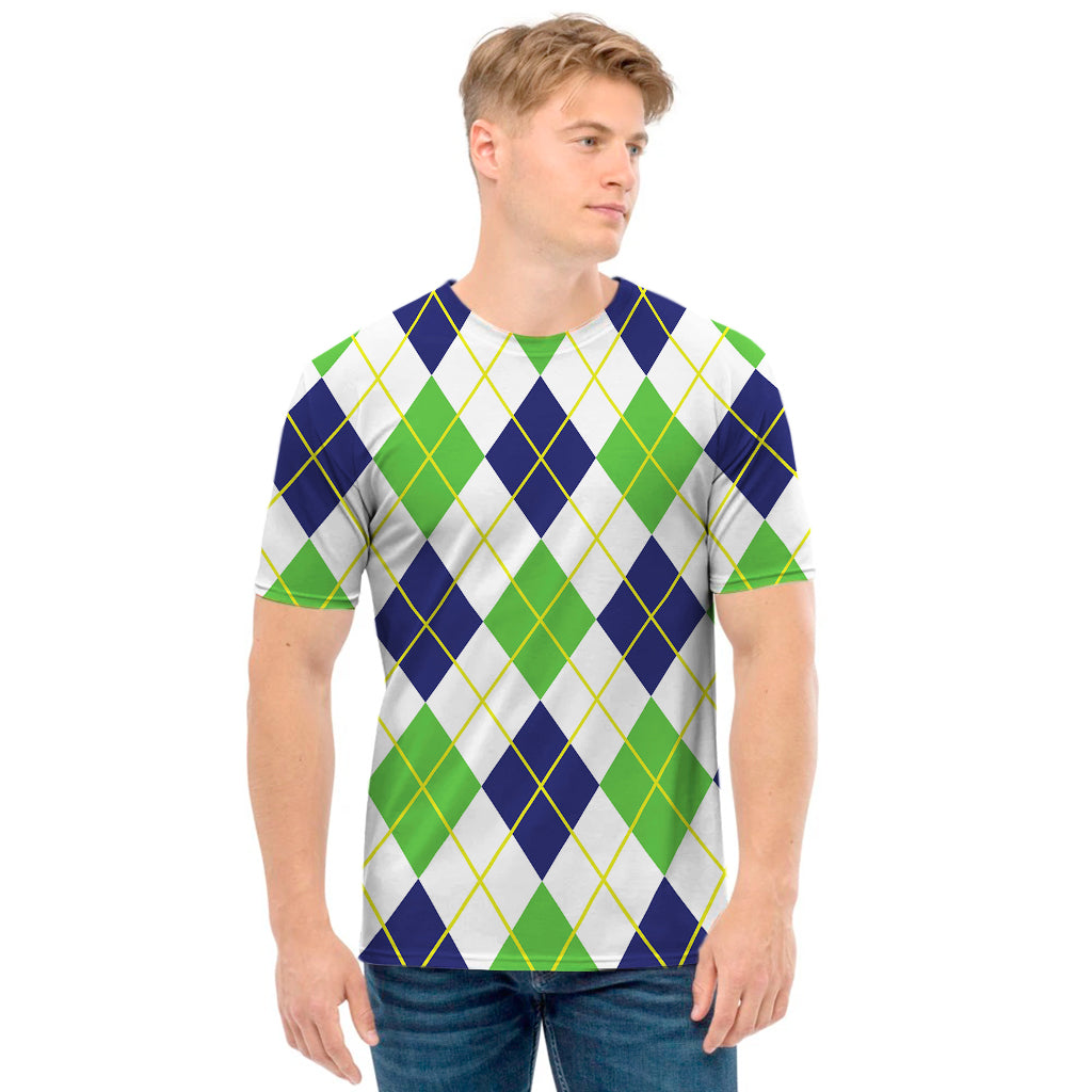 Navy Green And White Argyle Print Men's T-Shirt